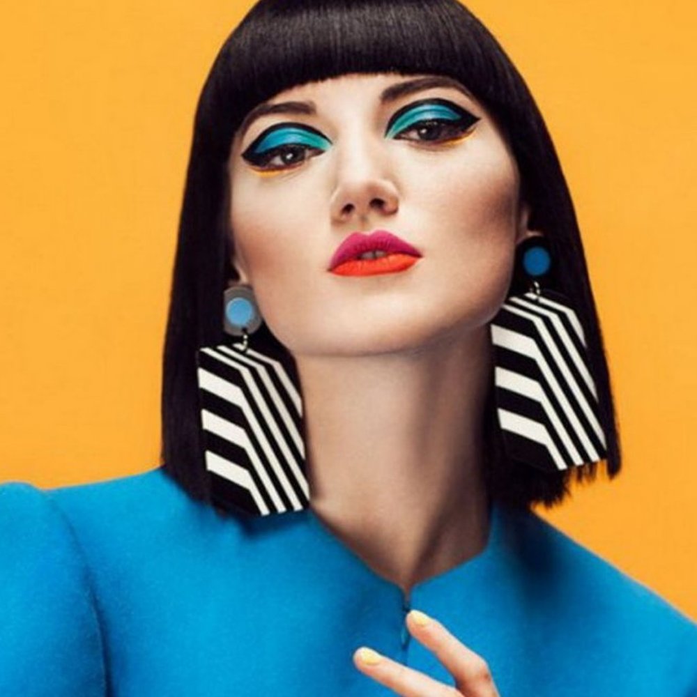 Bold Black & White Striped Statement Earrings - Blue Accent